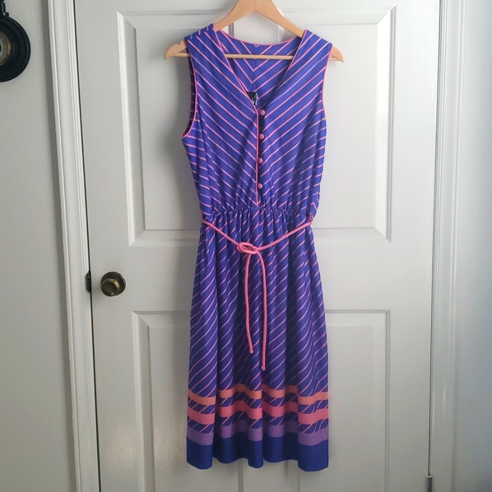 ILGWU Vintage Dress Purple Pink Stripe Retro style Jean Leslie